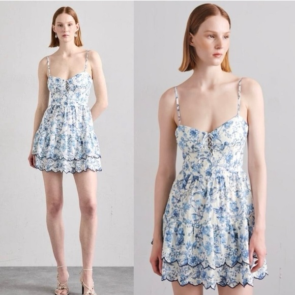 New! Alice and Olivia 🩵 Daisy Tiered Ruffle Mini Embroidered Dress Size 12 NWT! - Picture 1 of 16